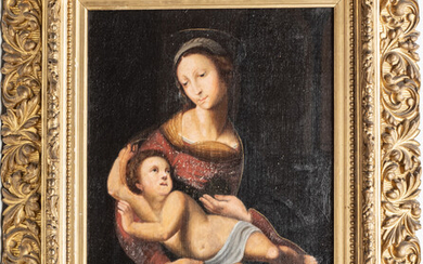MADONNA AND CHILD, OIL ON CANVAS, CIRCA 1890, H 18" W 14"