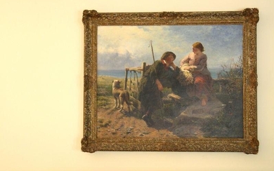 MAGNIFICENT 19C OIL ON CANVAS PAINTING BY JAMES JOHN HILL LISTED ARTIST LOVERS