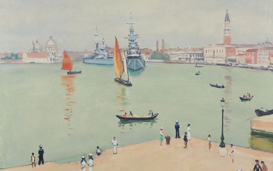 MARQUET Albert (1875-1947) Bateaux de guerre sur le bassin, Venise, 1936 Huile sur toile, signée...