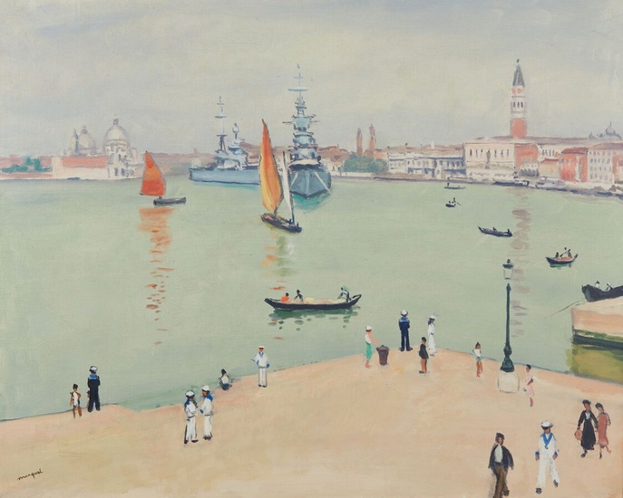MARQUET Albert (1875-1947) Bateaux de guerre sur le bassin, Venise, 1936 Huile sur toile, signée...