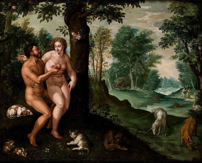 MARTEN DE VOS (1532 / 1603), Adan y Eva en el jardín del Edén
