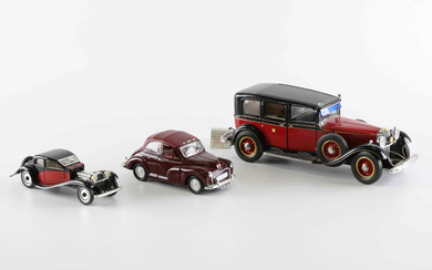 MODEL CARS, Franklin Mint, Mercedes-Benz 770K, 1939, Saico, Morris Minor 1000, 1956, Rio, Bugatti, 1962.