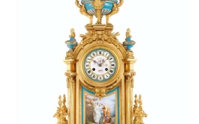 Magnificent Large 19th C. Sevres Gilt Bronze & Porcelain Mantle Clock