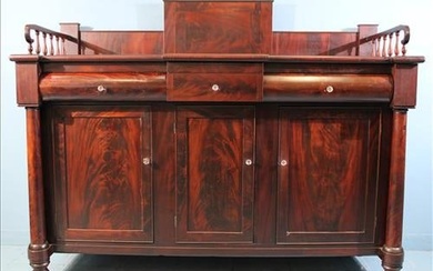 Mahogany empire 3 drawer, 3 door sideboard w backsplash