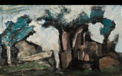 Mario Sironi ( Sassari 1885 - Milano 1961 ) , "Paesaggio con alberi e montagne" early 40's oil and tempera on paper laid on masonite cm 43.3x64.5 Exhibition "Mario Sironi"...