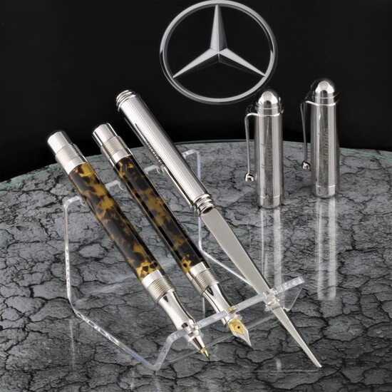 Mercedes Benz Daimler car Iridium NiB / writing set with case * No Reserve Price * - Promotional material - High Price & Exclusive Chrom Concessionaire pens Letter Opener Set - Gift Set - Leather Boxof 2