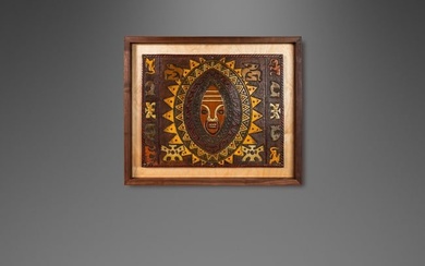 Mid-Century Modern Framed Embossed Leather Pre-Columbian Folk Art by Angel Pazmino Ecuador c.