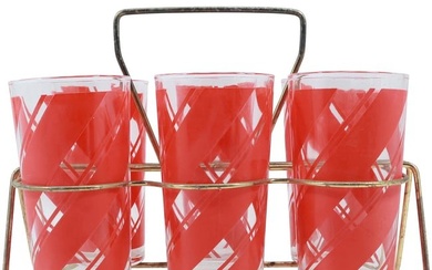Mid-Century Modern Set of 6 Red Swirl Glasses with Gold Carrying Caddie
