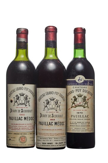 Mixed Château Grand-Puy-Ducasse, Château Grand-Puy-Ducasse 1950 Worn capsule, slightly bin-soiled and nicked label Level upper shoulder (1) 1953 Worn capsule, slightly bin-soiled label Level top shoulder (1) 1970 Bin-soiled label Level base of neck (1)