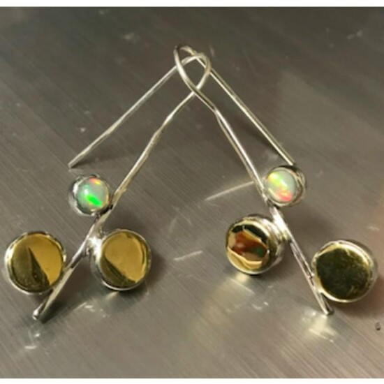 Modern Two Tone Ethiopian Opal & Sterling Earrings