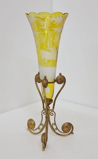 Moser Type Trumpet Vase w Gilt Metal Stand Art Glass