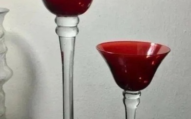 Murano Italy Large Pair Set of 2 Ruby Red Cranberry Glass Decorative Candle Holders Clear Stem 12"