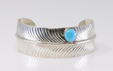 Native America Navajo Handmade Sterling Silver Turquoise Feather Bracelet By AD.