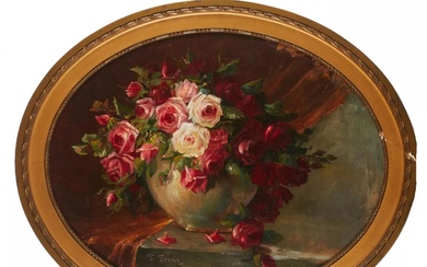 Nature morte ovale Roses T. Franz. Represente un vase de fleurs contre une draperie brune...