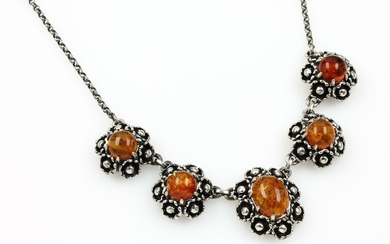 Necklace with amber, approx. 1930s , german,silver...