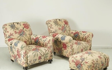Nice pair crewelwork lounge chairs & ottoman