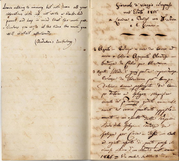 Nicola Alborghetti Count - Autograph; Travel Diary (not signed) London & Paris from Italy - 1855