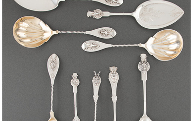 Nine Gorham Mfg. Co. Saxon Stag Pattern Silver and Coin Silver Flatware Servers (designed 1855)