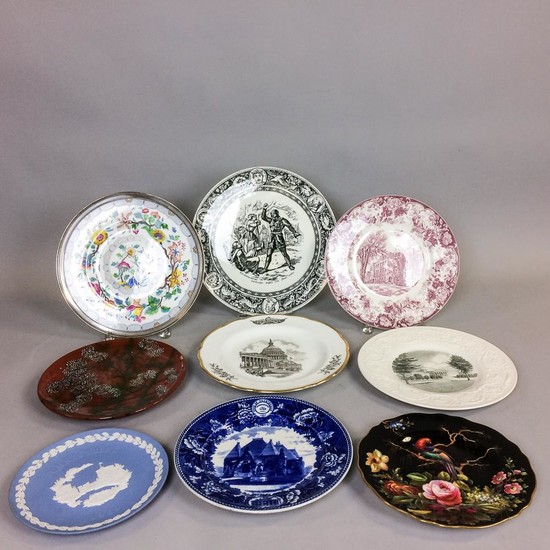 Nine Wedgwood Plates, including a Framingham blue and white, a National Gallery, a sterling-mounted ironstone, and an Ivanhoe, dia. to