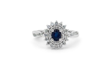 No Reserve Price------0.91 total carat of sapphire and natural diamonds - 18 kt. White gold - Ring Sapphire - Diamonds