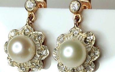 No Reserve Price - 14 kt. Akoya pearls, Gold, 7 mm - Earrings - Diamonds