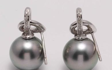 No Reserve Price - 14 kt. White Gold - 11.8mm Round Tahitian Pearls - Earrings - 0.08 ct