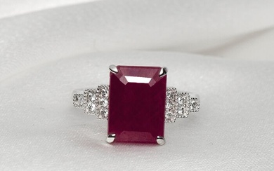 No Reserve Price-5.06 ct Natural No Heated Ruby & 0.14 ct Diamonds - 14 kt. White gold - Ring Ruby - Diamonds, IGI-Certified
