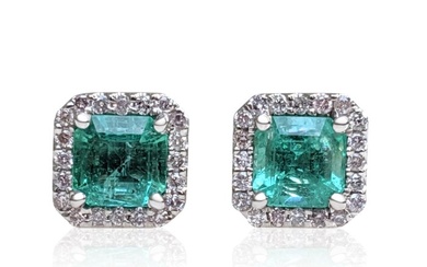 No Reserve Price Earrings - White gold 1.05ct. Octagon Emerald - Diamond
