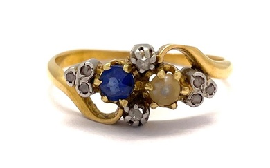 No Reserve Price - Perle - Saphir - Diamants taille rose - Ring - 18 kt. Platinum, Yellow gold