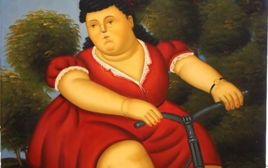 Oil on canvas painting "Lady on a bike" after Fernando Botero
