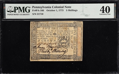 PA-166. Pennsylvania. October 1, 1773. 5 Shillings. PMG Extremely Fine 40.