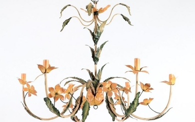 PAINTED IRON FLORAL DECORATED 6 ARM CHANDELIER