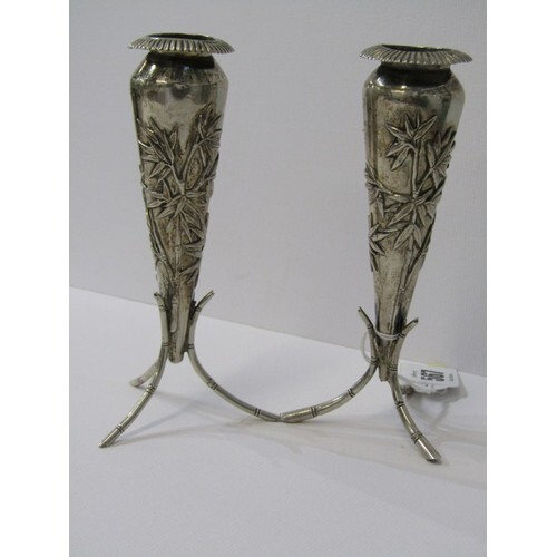 PAIR OF CHINESE SILVER VASES, of tapering cylindrical design...
