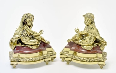 PAIR OF GUILTED BRONZE AND MARBLE FRENCH CHENETS, 19TH CENTURY