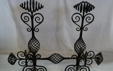 PAIR OF LARGE TWISTED WROUGHT IRON ANDIRONS W/FIRE DOG CROSS BAR 33" HIGH X 15 1/2" X 23"