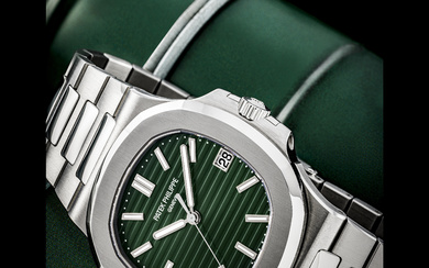 PATEK PHILIPPE. A RARE STAINLESS STEEL AUTOMATIC WRISTWATCH WITH SWEEP CENTRE SECONDS, DATE, BRACELET AND OLIVE GREEN DIAL NAUTILUS MODEL, REF. 5711/1A-014, CIRCA 2022