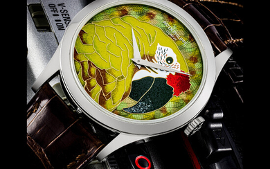 PATEK PHILIPPE. A SUPERB AND RARE PLATINUM LIMITED EDITION AUTOMATIC WRISTWATCH WITH CLOISONNÉ ENAMEL DIAL FEATURING A GREEN MACAW REF. 5077P-081, CIRCA 2013