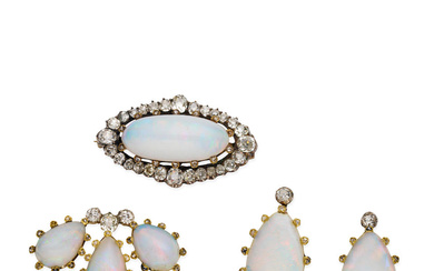 OPAL AND DIAMOND BROOCH, PENDANT AND EARRING SUITE