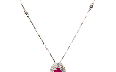 PENDANT, 18K white gold with brilliant cut diamonds, total approx. 0.40 ct and oval cut ruby approx. 1.34 ct.