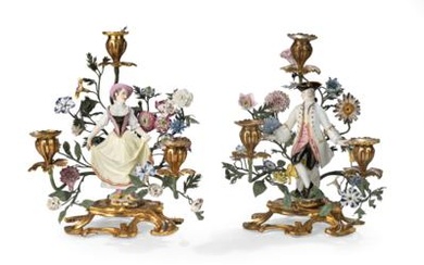 A Pair of Candlesticks with Dancers, Meissen/ France Mid-18th Century