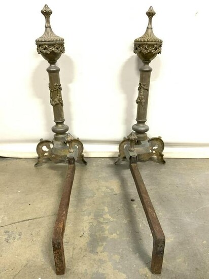 Pair Antique Gold Toned Brass Andirons