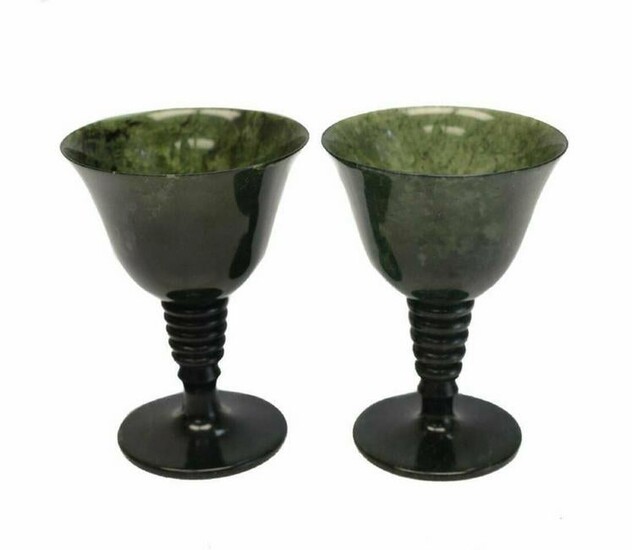 Pair Chinese Green Jade Carved Goblets or Wine Cups