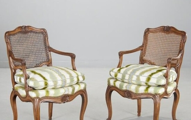 Pair Louis XV style caned back beechwood fauteuils