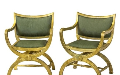 Pair Neoclassical Curule Campaign Chair Armchairs
