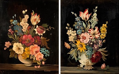 Pair Old Master Style Floral Still Life Oils