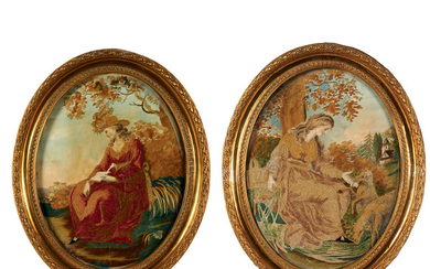 Pair Regency Painted Silk-Work Pictures