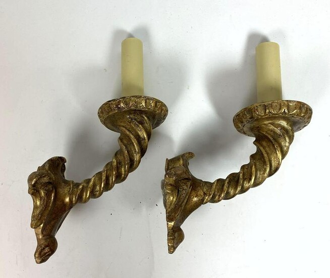 Pair Twisted Wood and Plaster Wall Sconces.