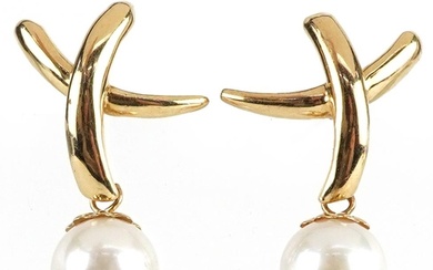 Pair of 14ct gold pearl drop earrings, possibly Mikimoto, 2....