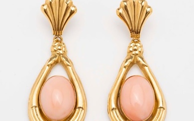 Pair of 18K Yellow Gold and Pink Coral Drop Earrings