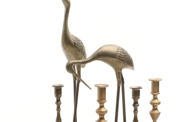 Pair of Brass Ibis Figurines and Four Brass Candlesticks